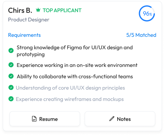 Chris B., top applicant, Product Designer, 96% matched applicant card