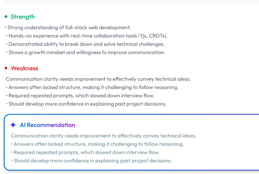 Sample AI interview evaluation report showing score, criteria breakdown, and interview details